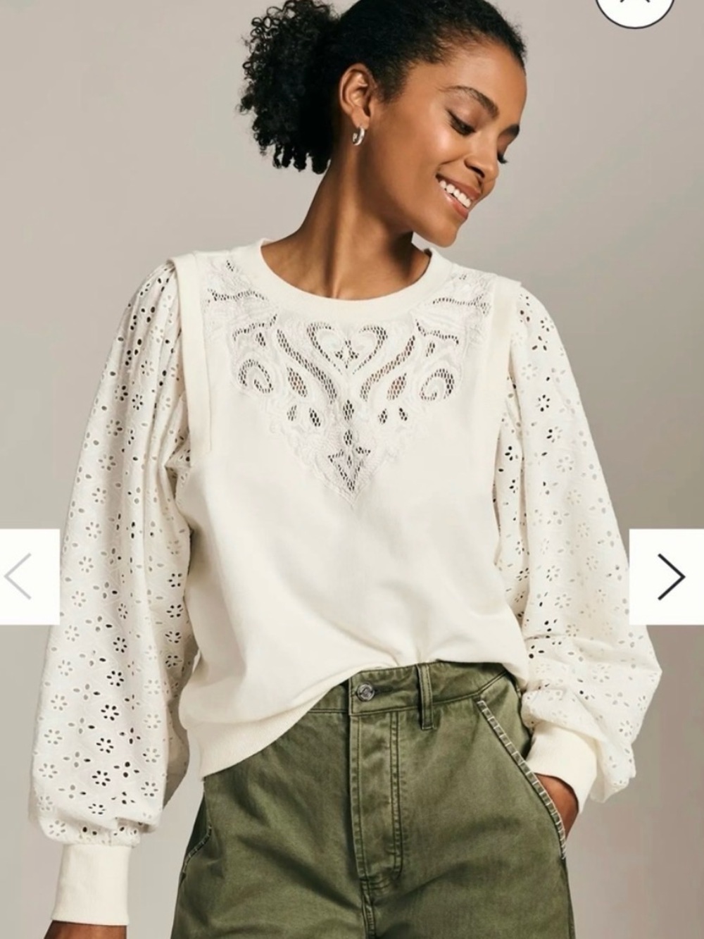 Pilcro Anthropologie White Lace-Sleeve Pullover Sweatshirt